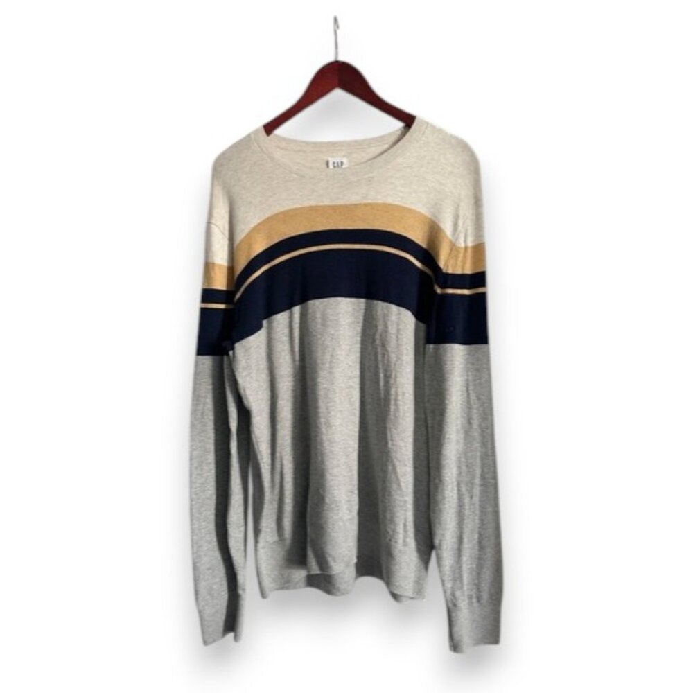 GAP Men's Crewneck Sweater in Gray with Navy and Gold Accents